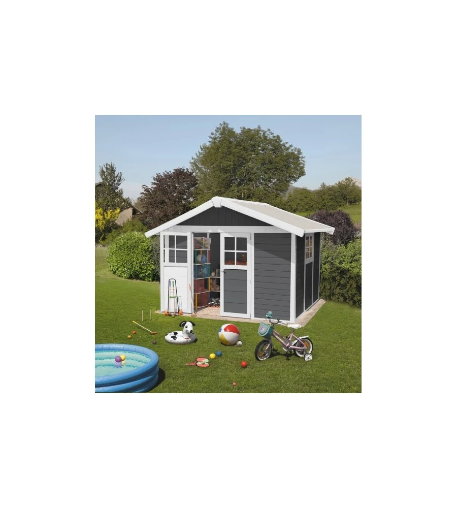 Casetta da giardino in pvc grosfillex "deco 7" grigio scuro e bianco 370x298x250 cm - cod. 23007276